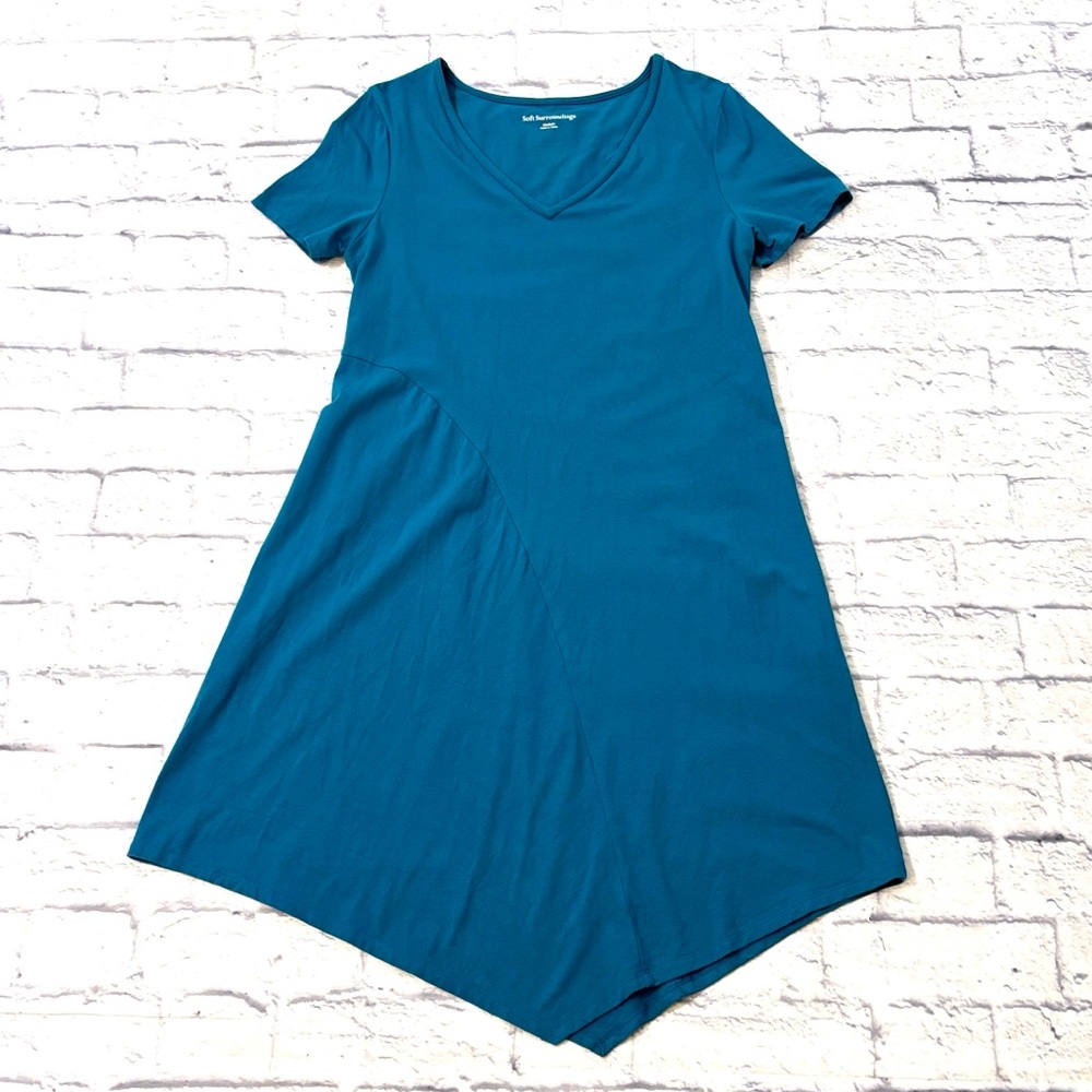Soft Surroundings Tee Shirt Dress Teal Blue Short Sleeve Asymmetrical Hem Size M